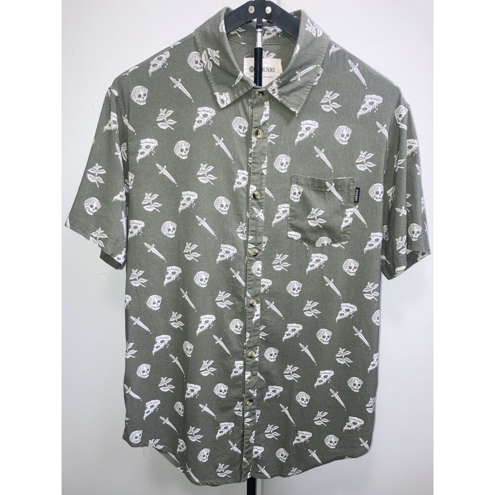 Pyknic Pizza Slayer Tattoo Flash Olive Button Up Shirt Unisex/Mens XL/OversizedW
